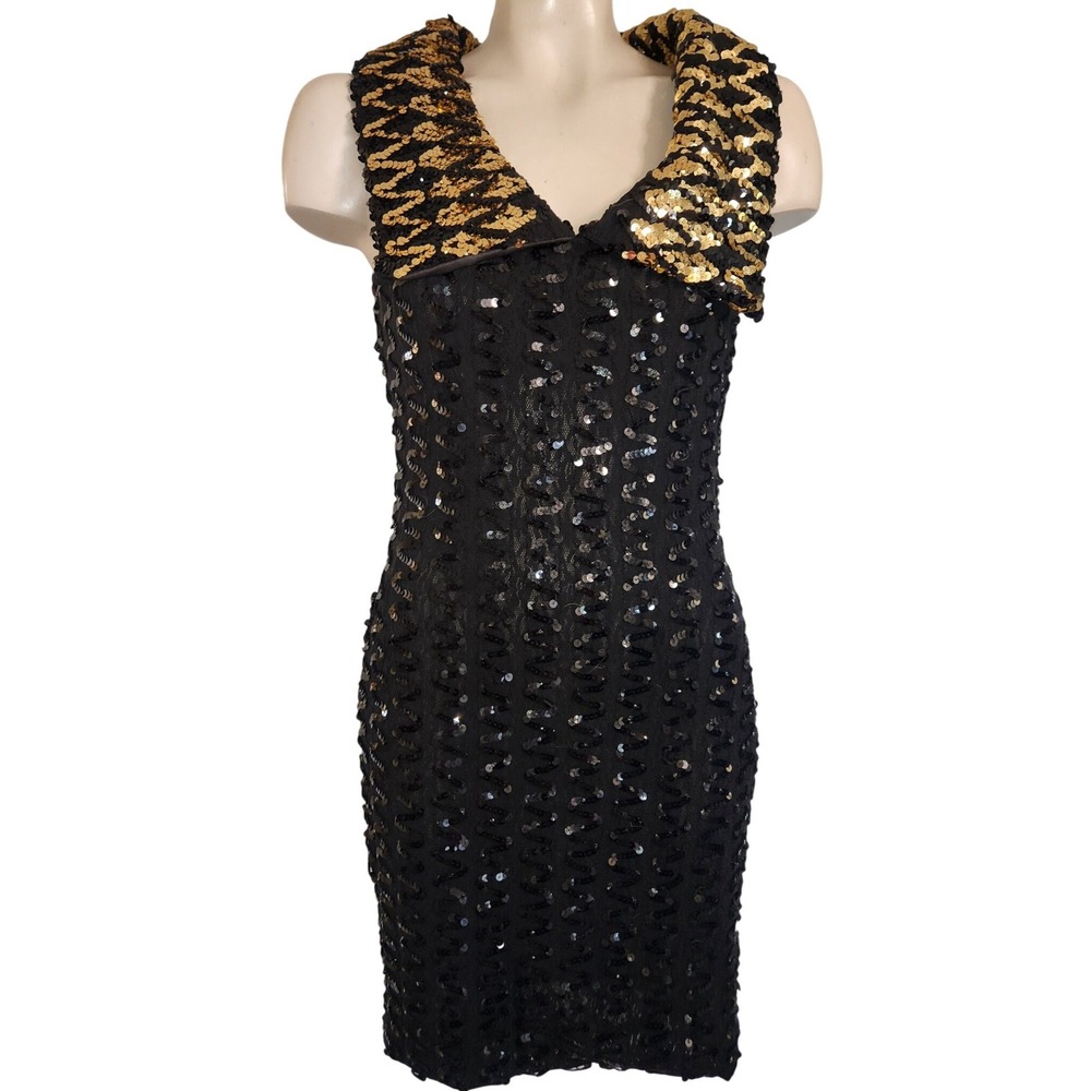 A La Carte California Vintage Sequin Cocktail Dress Black Gold Size 9/10‎ 9917